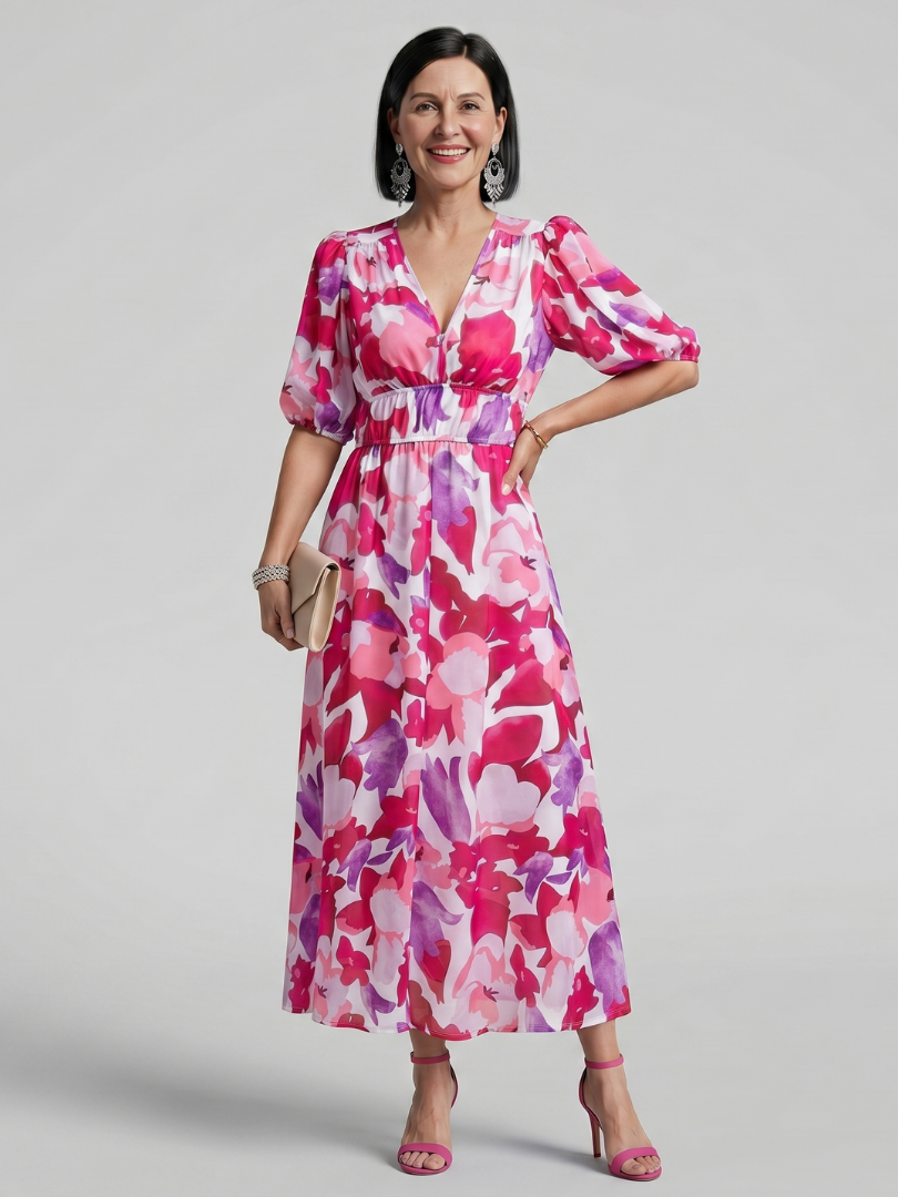 Candlia | Vestido midi de estampado abstracto con escote en V y mangas abullonadas