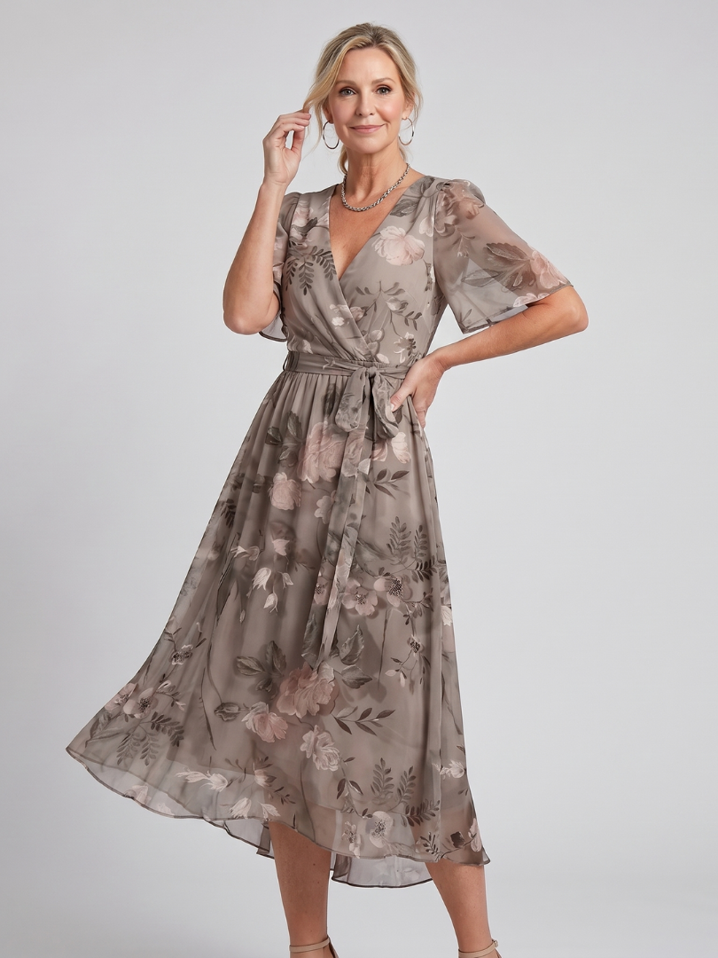 Mirabel | Vestido midi con estampado floral, mangas con volante y cintura fruncida