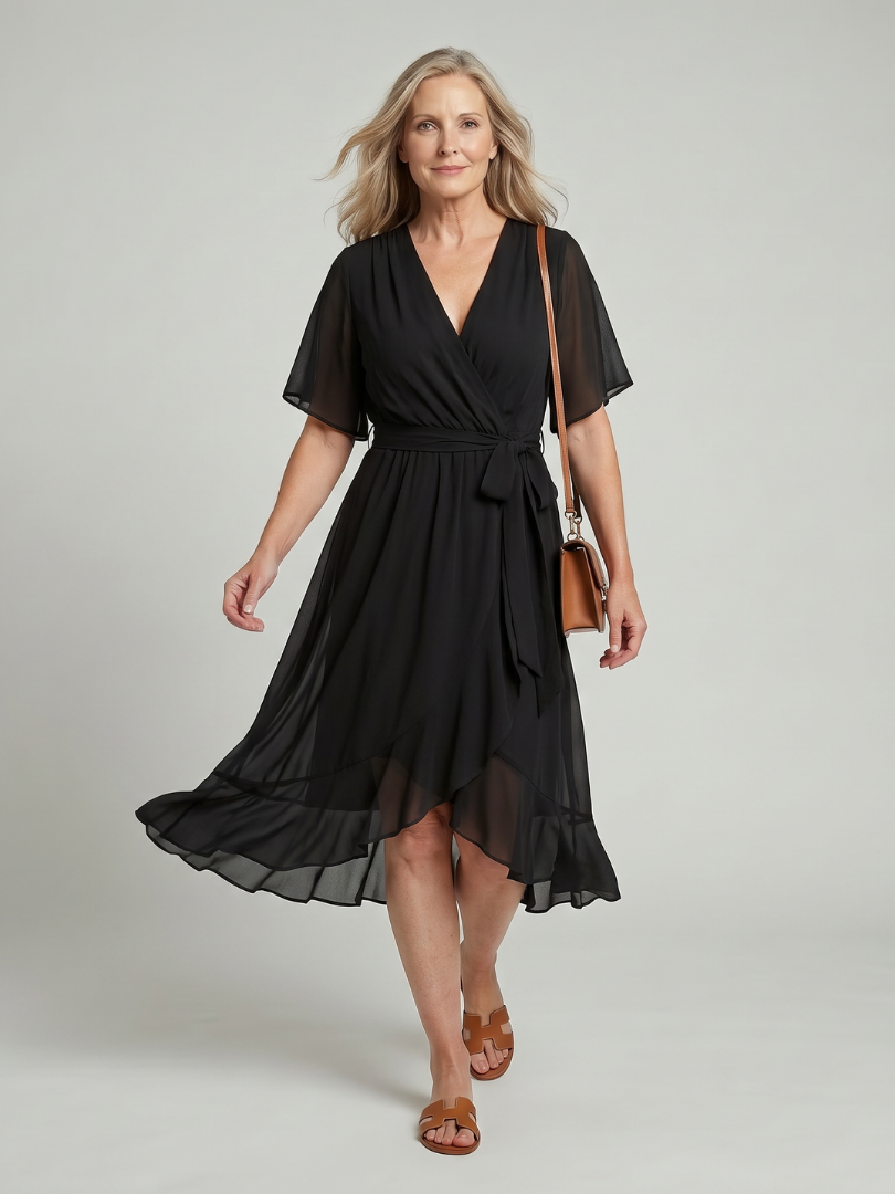 Keziah | Vestido midi envolvente de manga corta, con falda fluida y dobladillo suave