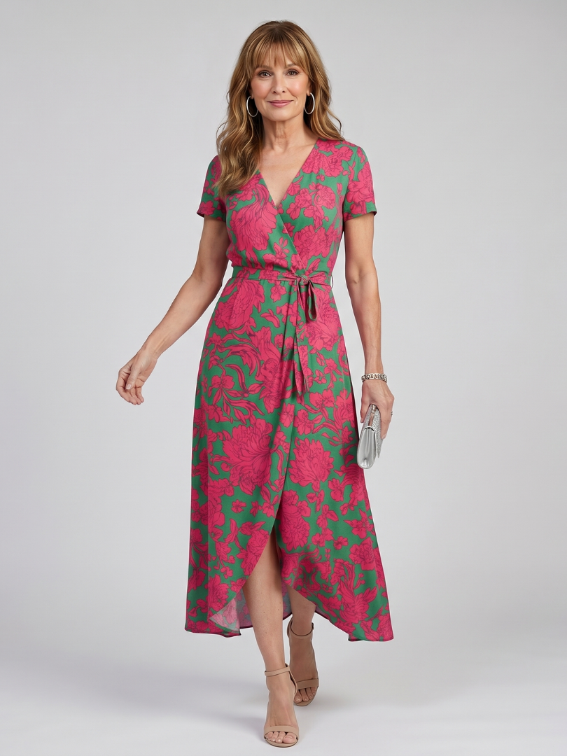 Priya | Vestido midi cruzado con estampado floral y manga corta