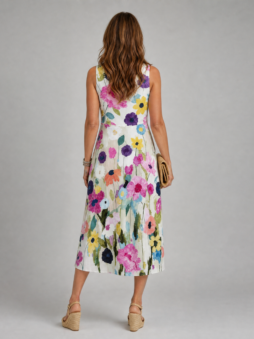 Flory | Vestido midi con estampado floral, sin mangas y cuello redondo
