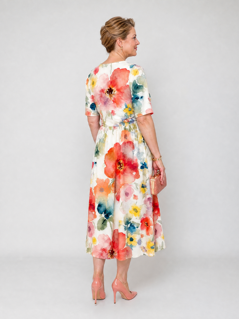 Corinne | Vestido midi con estampado floral, escote en V y mangas cortas