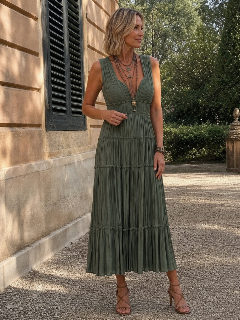 Somala | Vestido midi plisado sin mangas, con falda en capas y escote en V