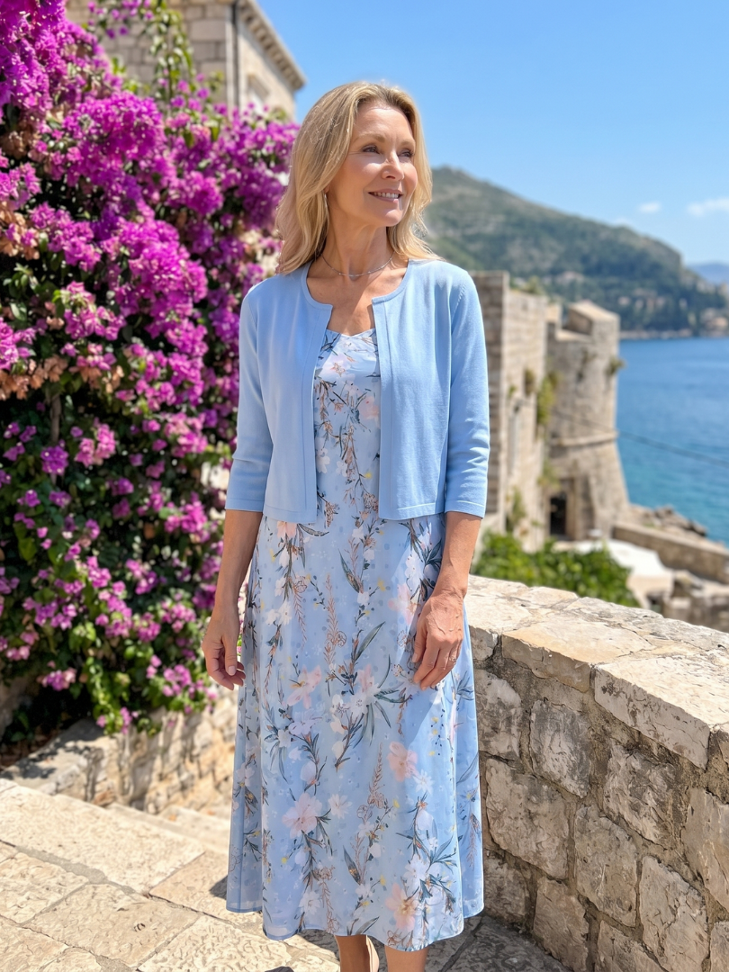 Celeste | Vestido midi con estampado floral y chaqueta corta sin mangas a juego