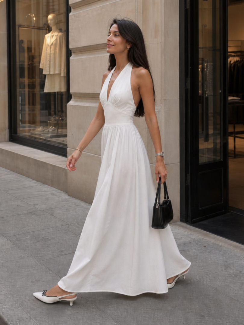 Jeven | Vestido midi sin mangas, con escote halter y cuerpo entallado