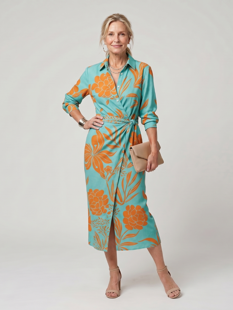 Leya | Vestido midi cruzado de rayas, con cuello camisero y mangas largas