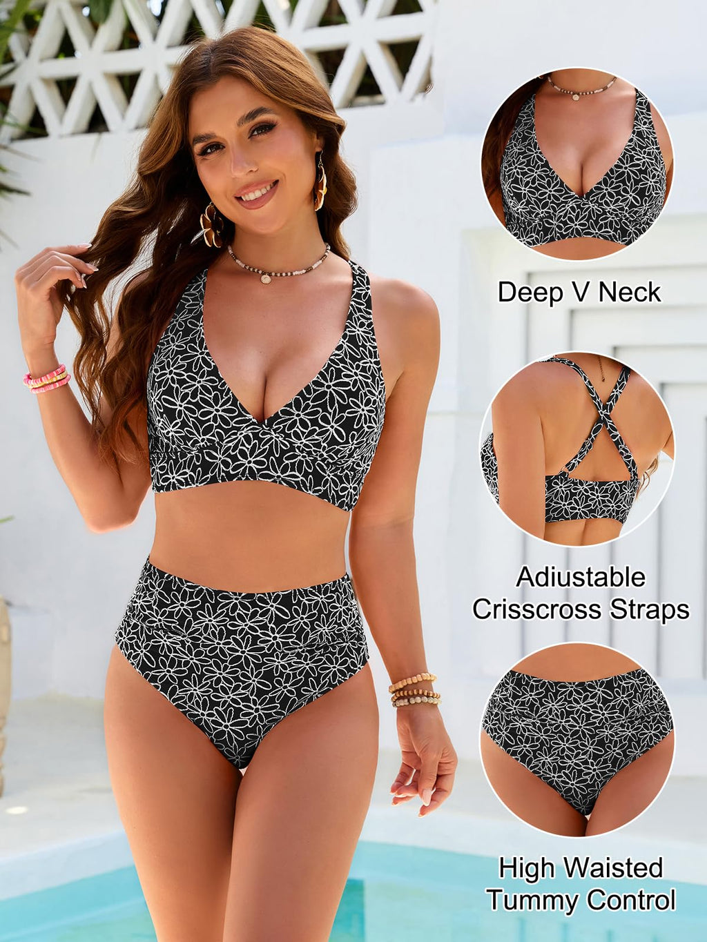 Emoswim - Women Embroidery Print High Waisted Bikini Sets V Neck Tummy Control Bathing Suit Two Piece Curvy Swimsuits