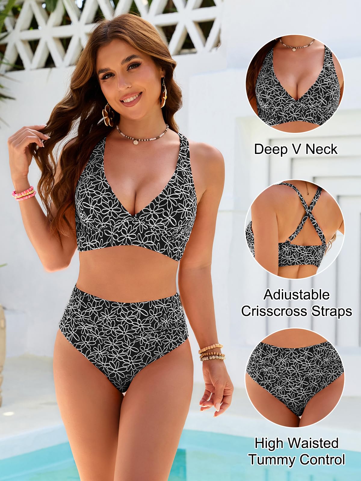 Emoswim - Women Embroidery Print High Waisted Bikini Sets V Neck Tummy Control Bathing Suit Two Piece Curvy Swimsuits