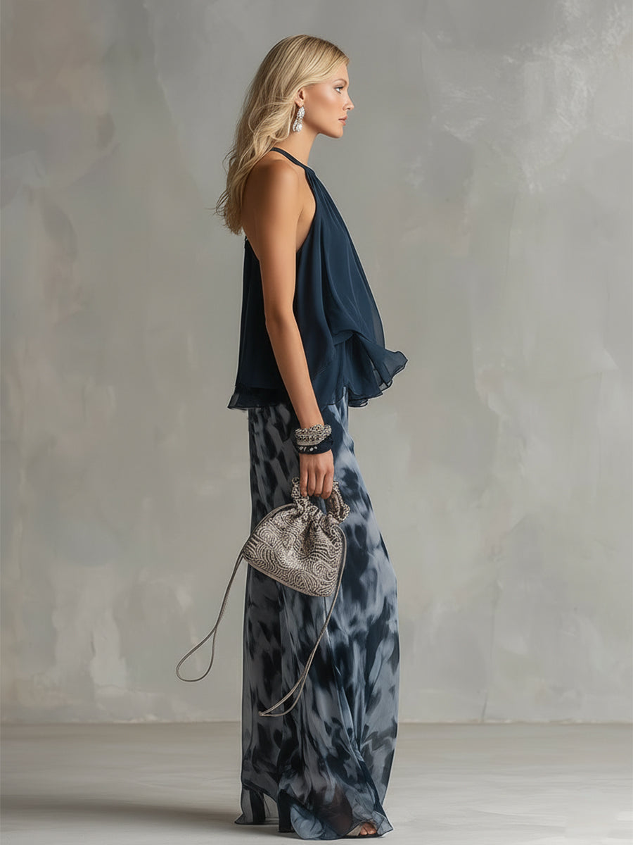 Gabriel Moreno - Ludovica | Conjunto Elegante Azul Marino con Top Halter y Pantalón Ancho Estampado