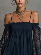 Gabriel Moreno - Noemi | Mini Vestido de Gasa Azul Marino con Escote Off-Shoulder, Encaje y Mangas Transparentes