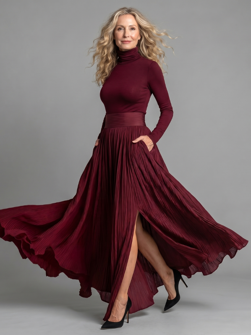 Lana | Vestido midi de manga larga con cuello alto y cintura marcada