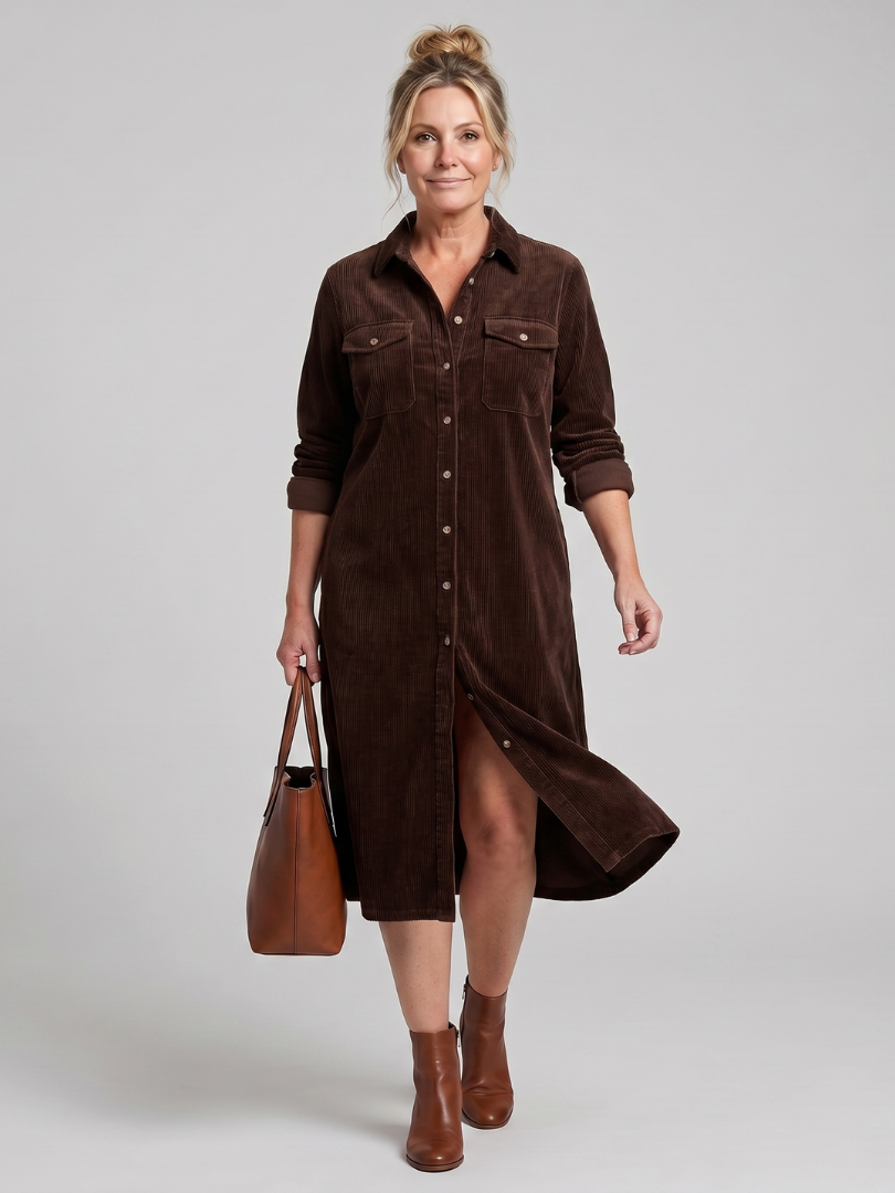 Pema | Vestido midi de manga larga con bolsillos tipo parche