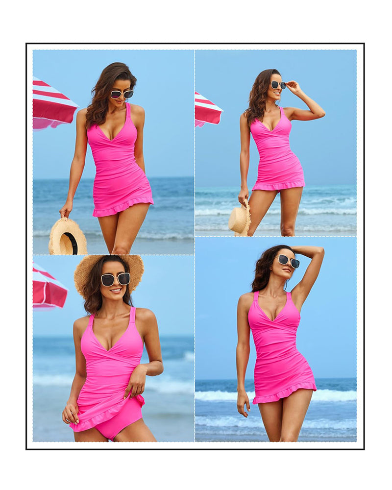 Emoswims - Deep V Cross-Back Ruched One-Piece Swimsuit