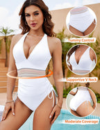 Emoswims - Women Tummy Control Swimsuits One Piece Slimming Modest Bathing Suit Color Block Drawstring Swim Suits