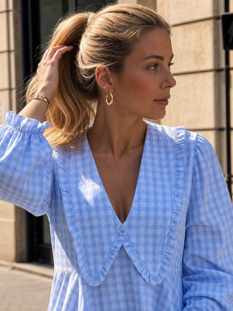 Peker | Vestido mini con cuello de volantes y estampado vichy