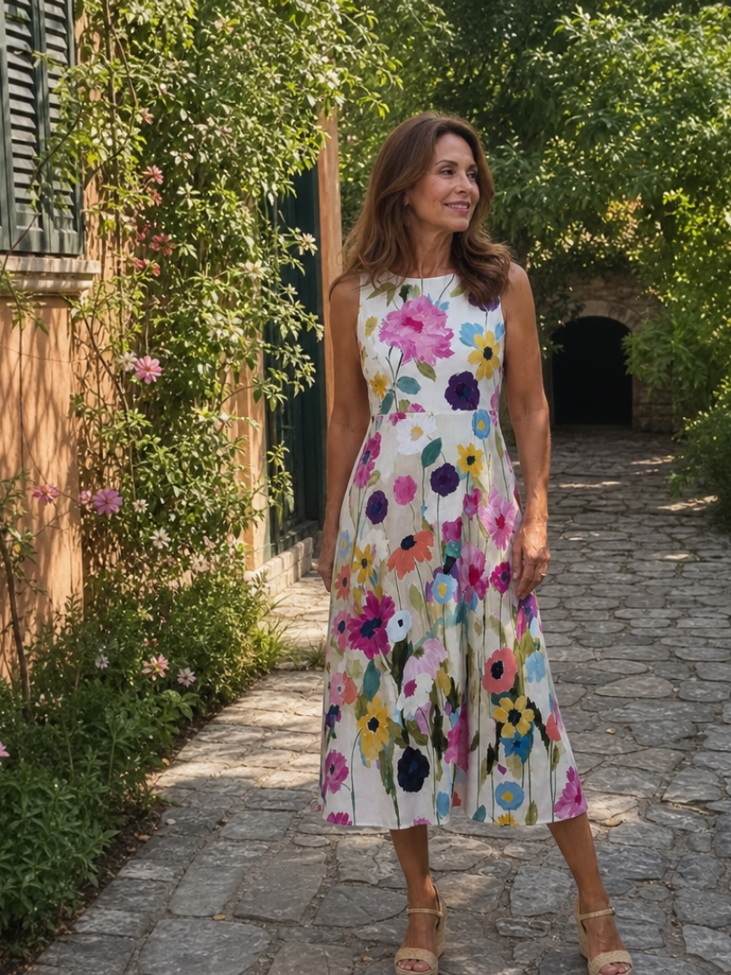 Flory | Vestido midi con estampado floral, sin mangas y cuello redondo