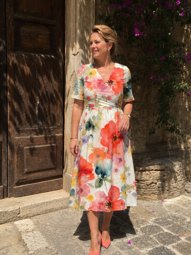 Corinne | Vestido midi con estampado floral, escote en V y mangas cortas