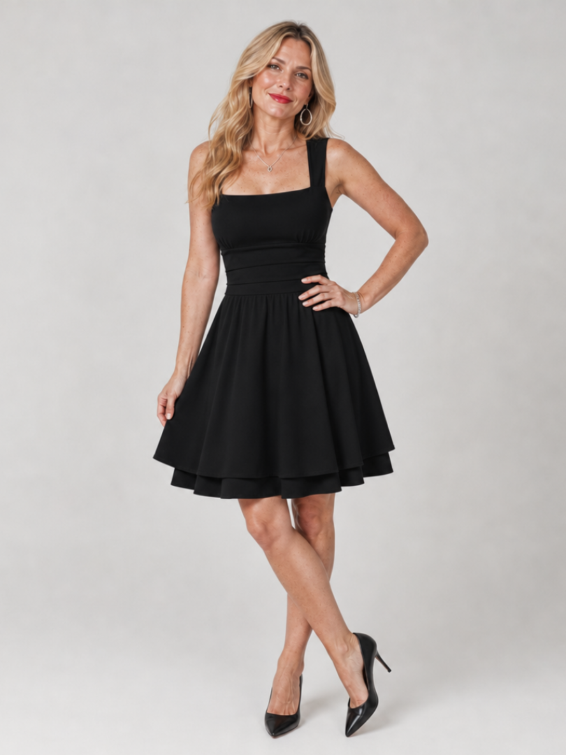 Celen | Vestido mini sin mangas con escote cuadrado y falda con vuelo