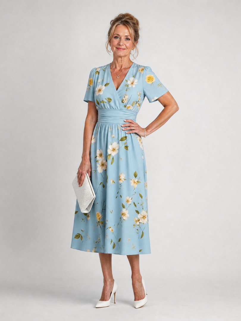 Marion | Vestido midi con estampado floral, escote en V y mangas cortas