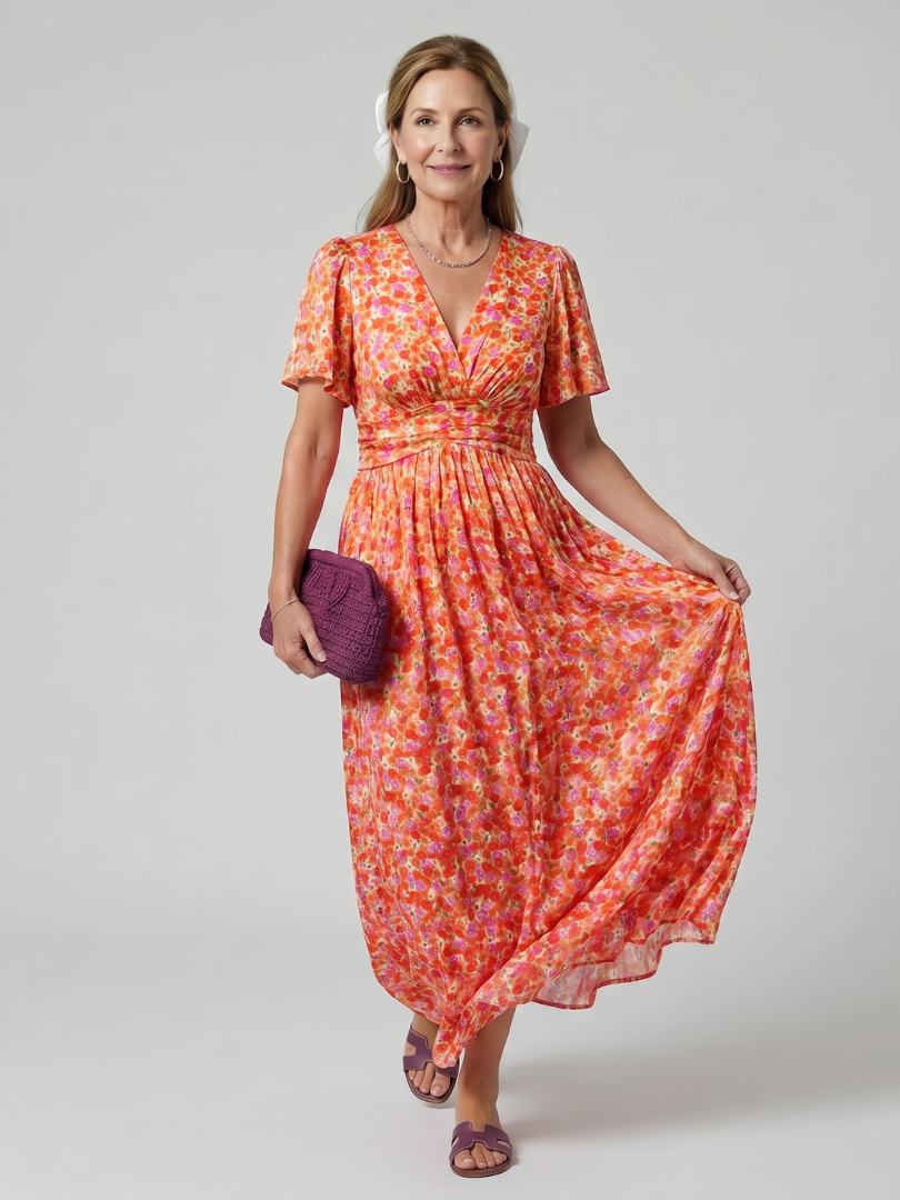 Juna | Vestido midi con estampado de florecitas y manga corta