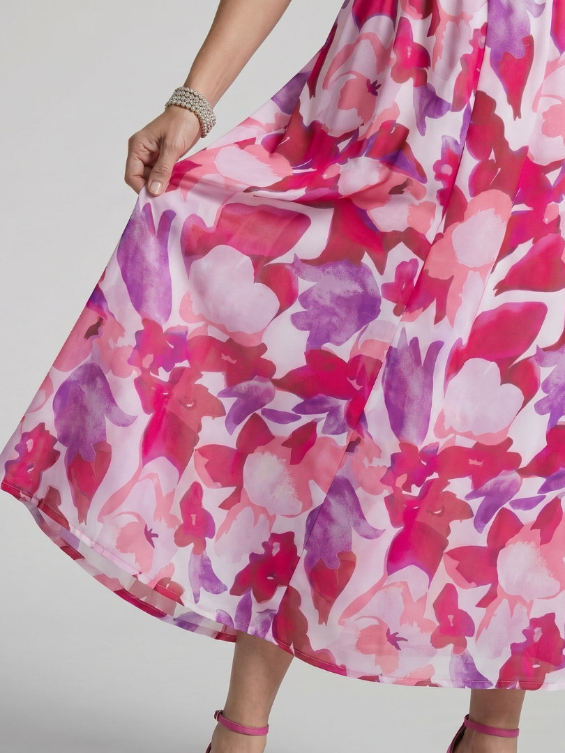 Candlia | Vestido midi de estampado abstracto con escote en V y mangas abullonadas