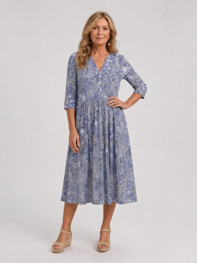 Picao | Vestido midi de aire vintage con abertura frontal y mangas tres cuartos
