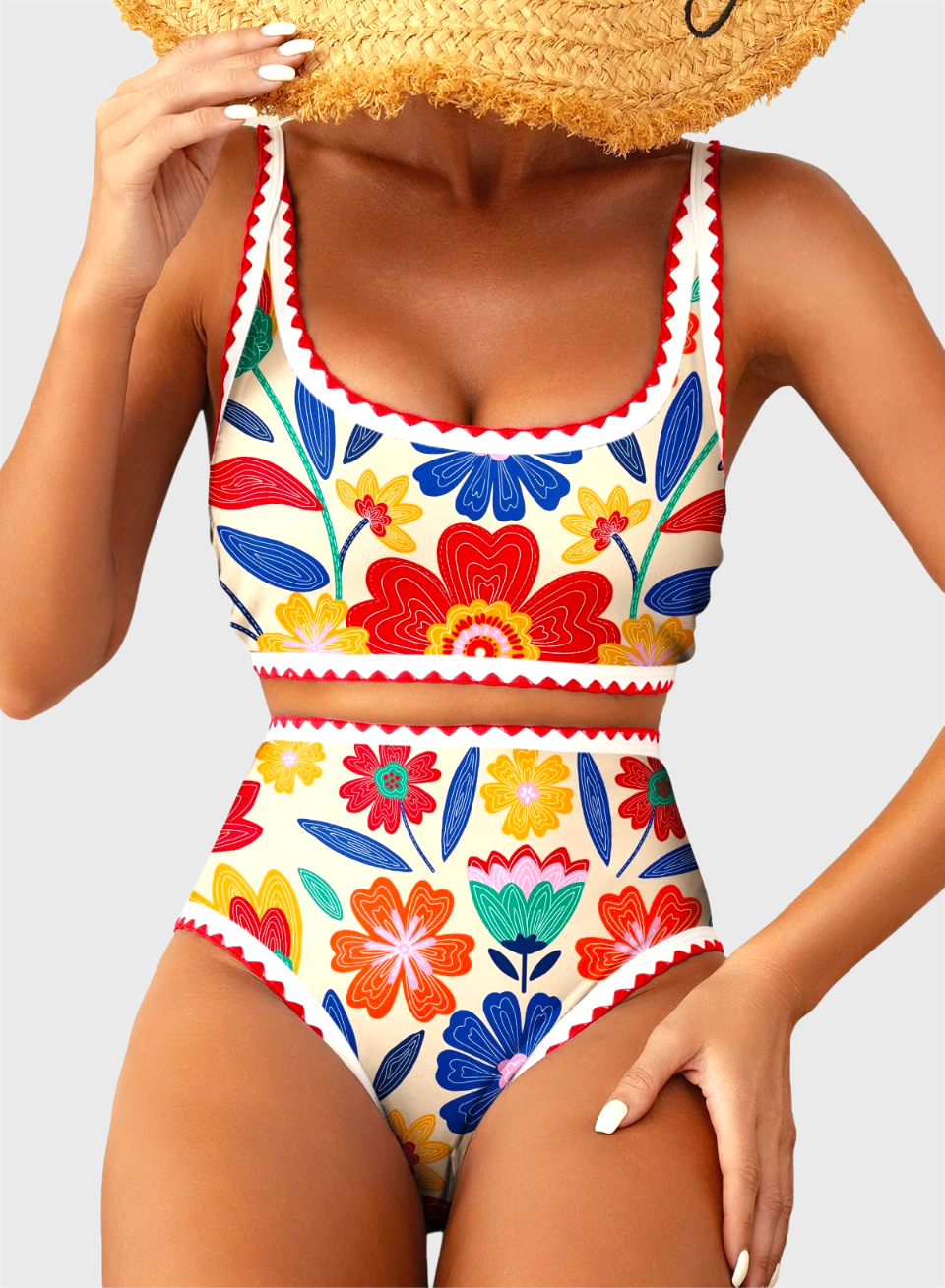 Emoswim - Women's Bikini Sets Floral Print Whip Stitch 2 Piece Swimsuits High Waisted Scoop Bathing Suits