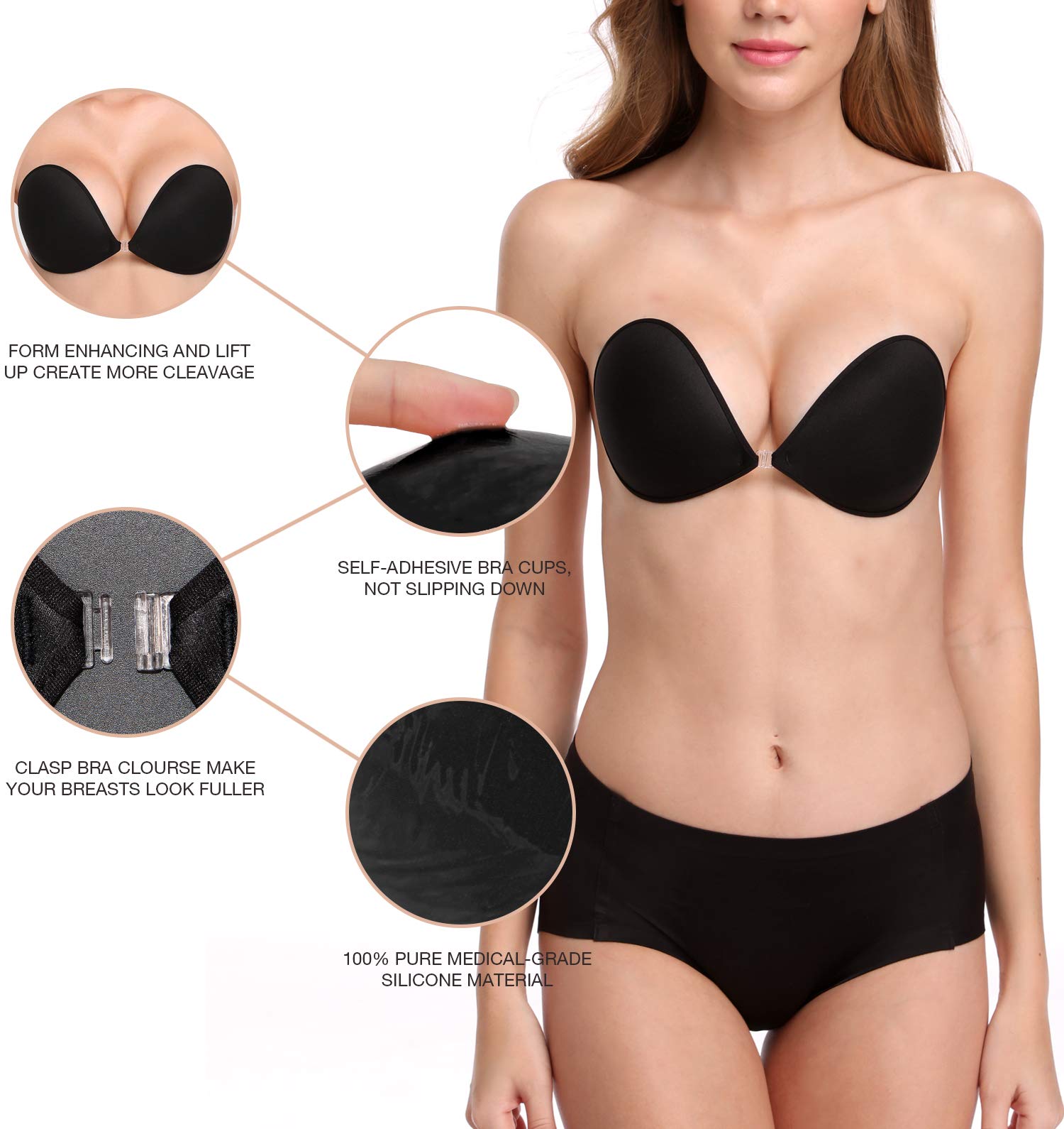 Emoswims - Adhesive Bra Reusable Strapless Self Silicone Push-up Invisible Sticky Bras for Backless Dress