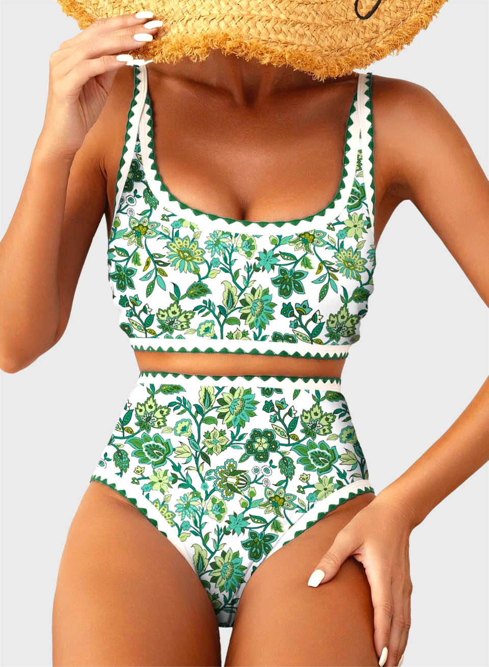 Emoswim - Women's Bikini Sets Floral Print Whip Stitch 2 Piece Swimsuits High Waisted Scoop Bathing Suits