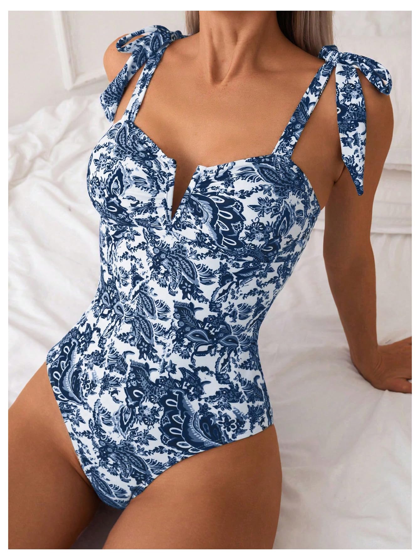 Emoswim - Women's One Piece Swimsuits Tummy Control Bathing Suits V Neck Boho Tie Shoulder Ruched Full