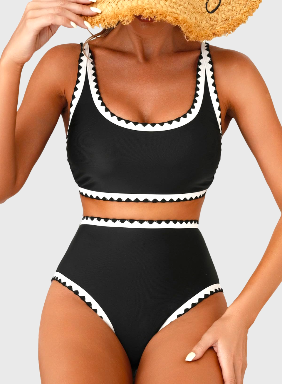 Emoswim - Women's Bikini Sets Floral Print Whip Stitch 2 Piece Swimsuits High Waisted Scoop Bathing Suits