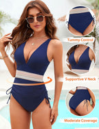 Emoswims - Women Tummy Control Swimsuits One Piece Slimming Modest Bathing Suit Color Block Drawstring Swim Suits