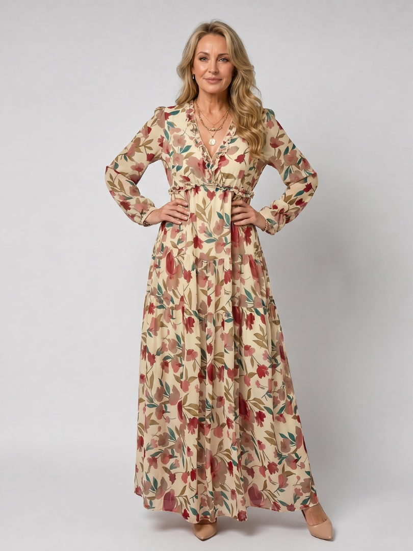 Camelo | Vestido maxi de estampado floral, mangas largas y falda en capas