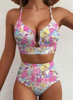 Emoswim - 2026 Summer Two Piece Bikini Set U-Wire Cutout High Waisted Swimsuit-Pink Floral