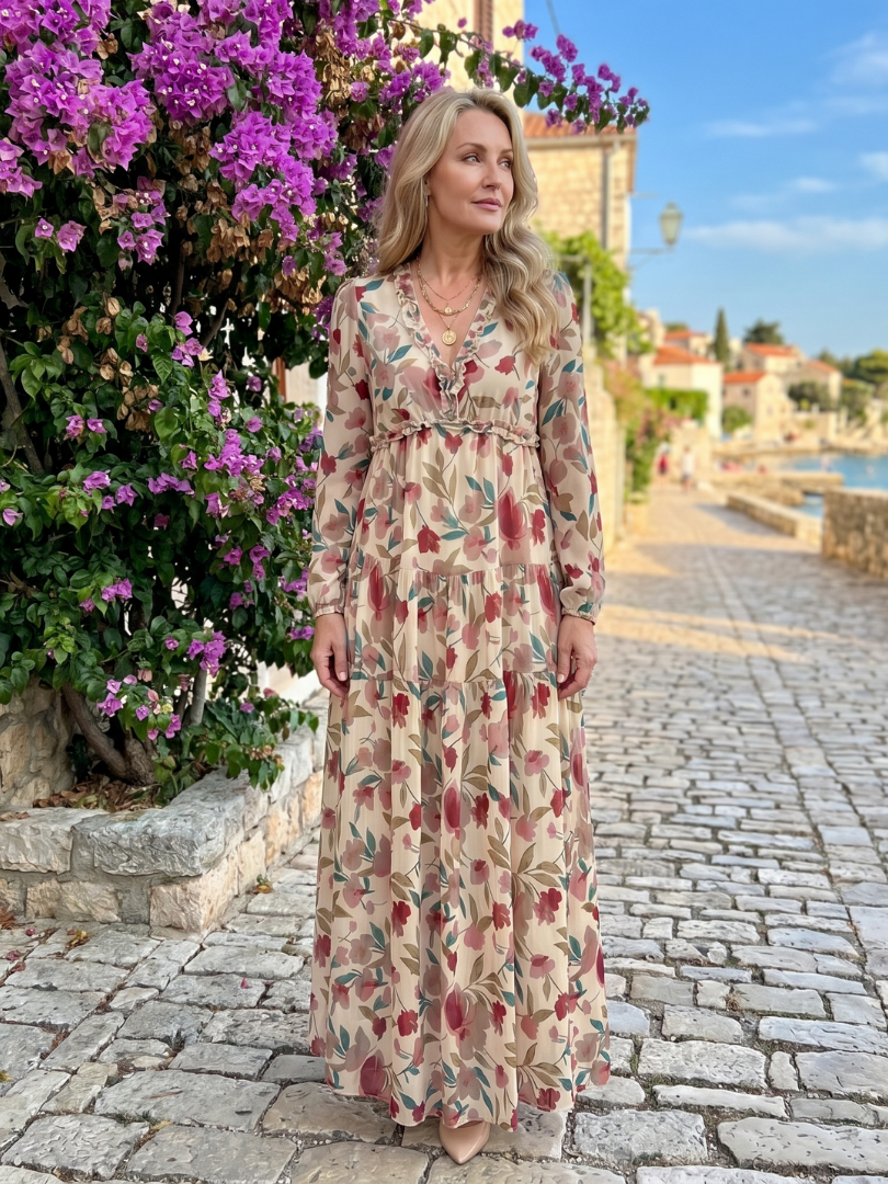 Camelo | Vestido maxi de estampado floral, mangas largas y falda en capas