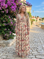 Camelo | Vestido maxi de estampado floral, mangas largas y falda en capas