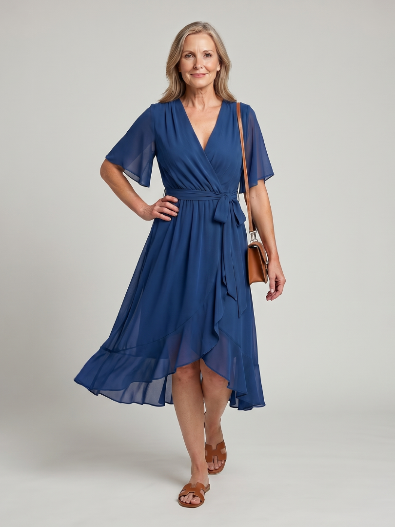 Keziah | Vestido midi envolvente de manga corta, con falda fluida y dobladillo suave