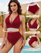 Emoswims - Women Tummy Control Swimsuits One Piece Slimming Modest Bathing Suit Color Block Drawstring Swim Suits