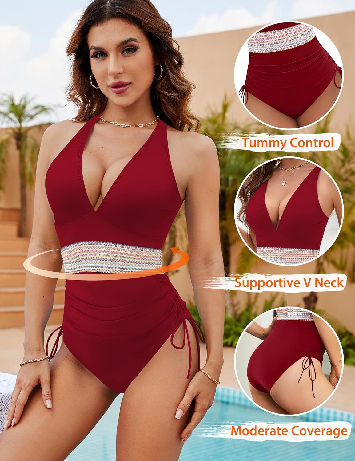 Emoswims - Women Tummy Control Swimsuits One Piece Slimming Modest Bathing Suit Color Block Drawstring Swim Suits