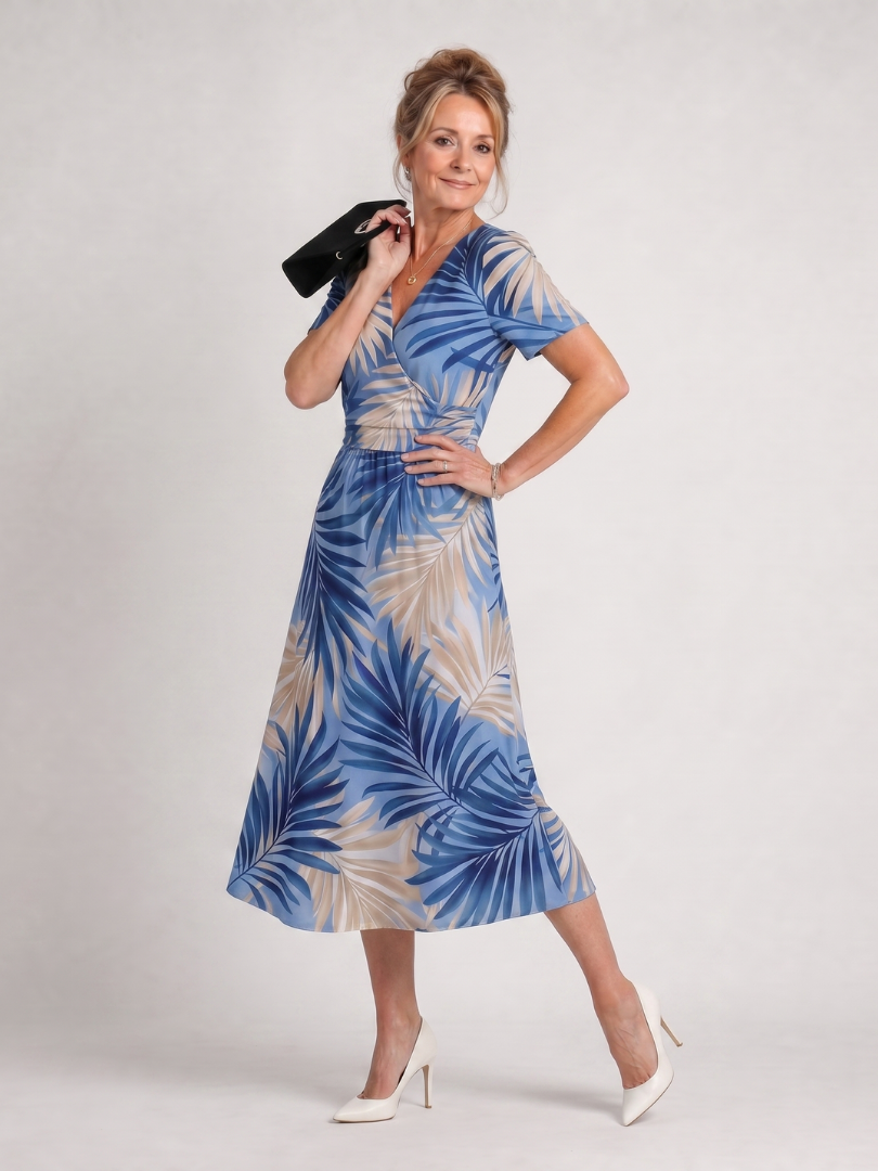 Marion | Vestido midi con estampado floral, escote en V y mangas cortas