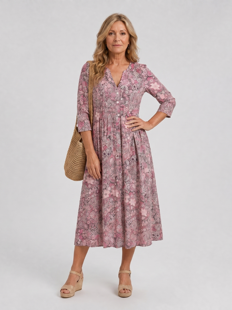 Picao | Vestido midi de aire vintage con abertura frontal y mangas tres cuartos