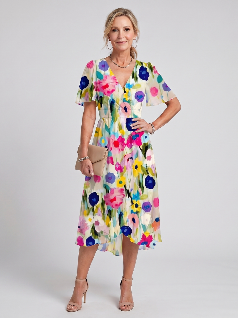 Mirabel | Vestido midi con estampado floral, mangas con volante y cintura fruncida