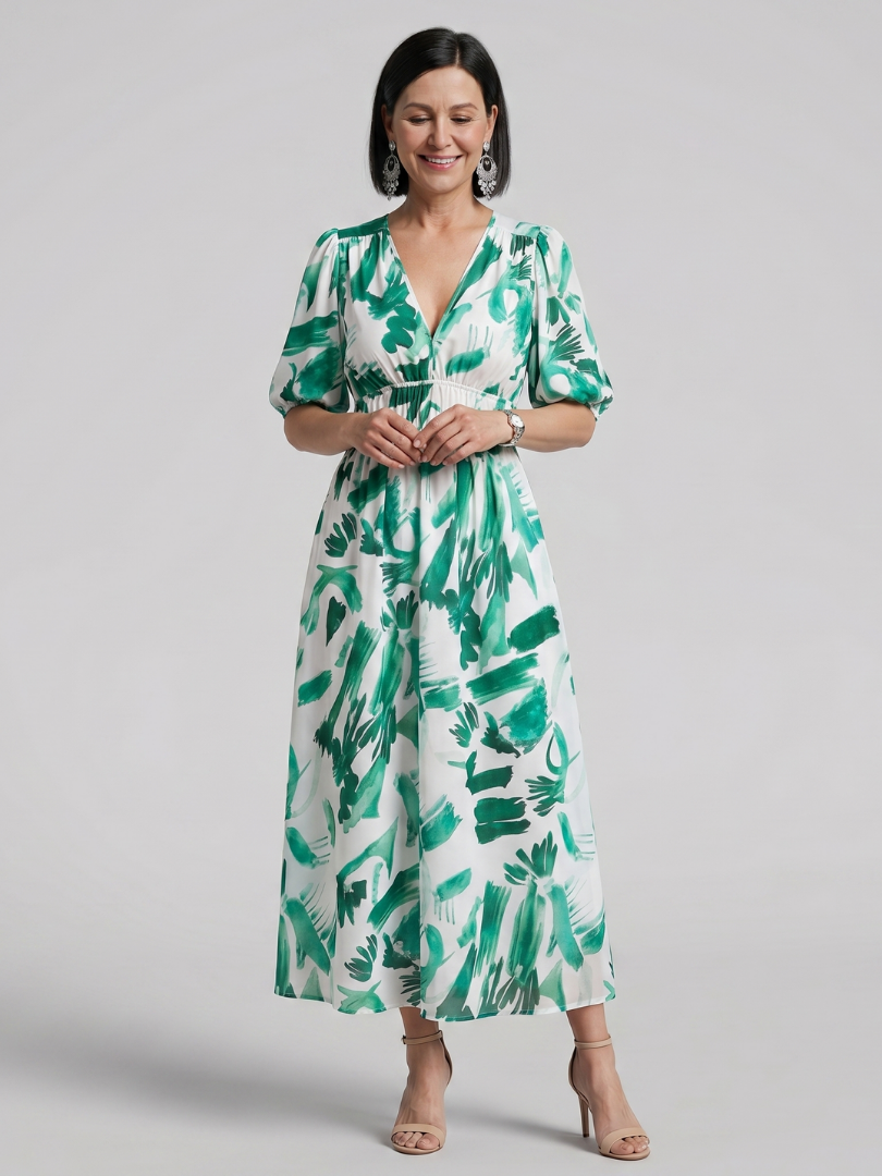 Candlia | Vestido midi de estampado abstracto con escote en V y mangas abullonadas