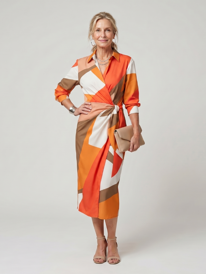 Leya | Vestido midi cruzado de rayas, con cuello camisero y mangas largas