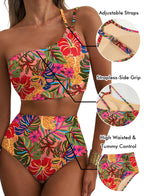 Emoswim - Women's High Waisted Bikini Sets One Shoulder Floral Print Swimsuits 2 piece Tummy Control Bathing Suits