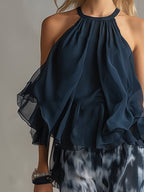 Gabriel Moreno - Ludovica | Conjunto Elegante Azul Marino con Top Halter y Pantalón Ancho Estampado