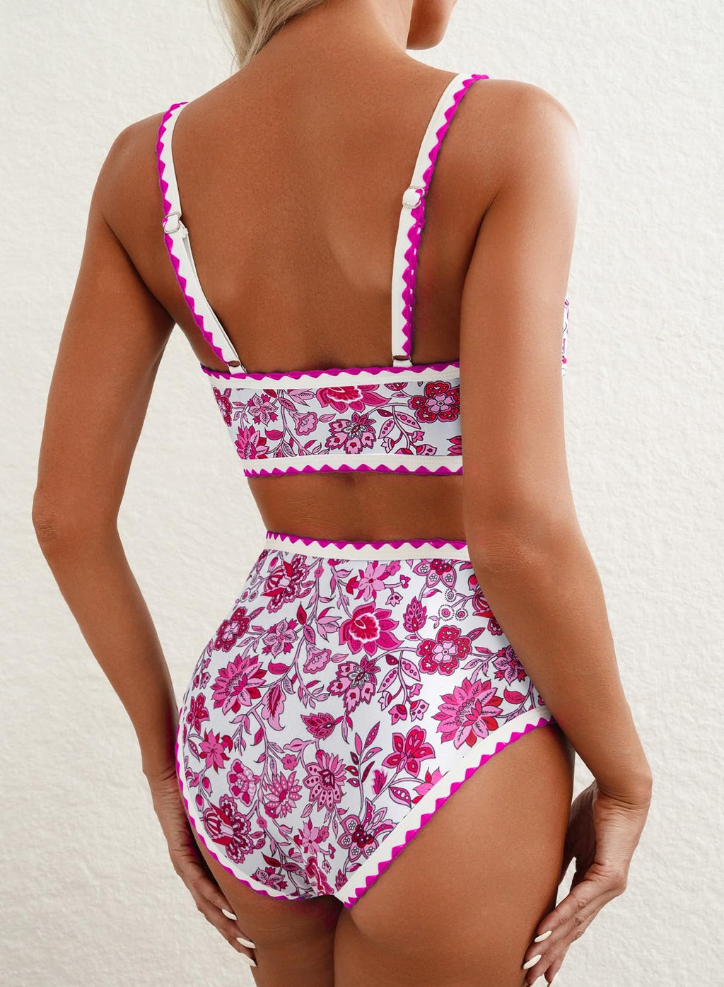 Emoswim - Women's Bikini Sets Floral Print Whip Stitch 2 Piece Swimsuits High Waisted Scoop Bathing Suits