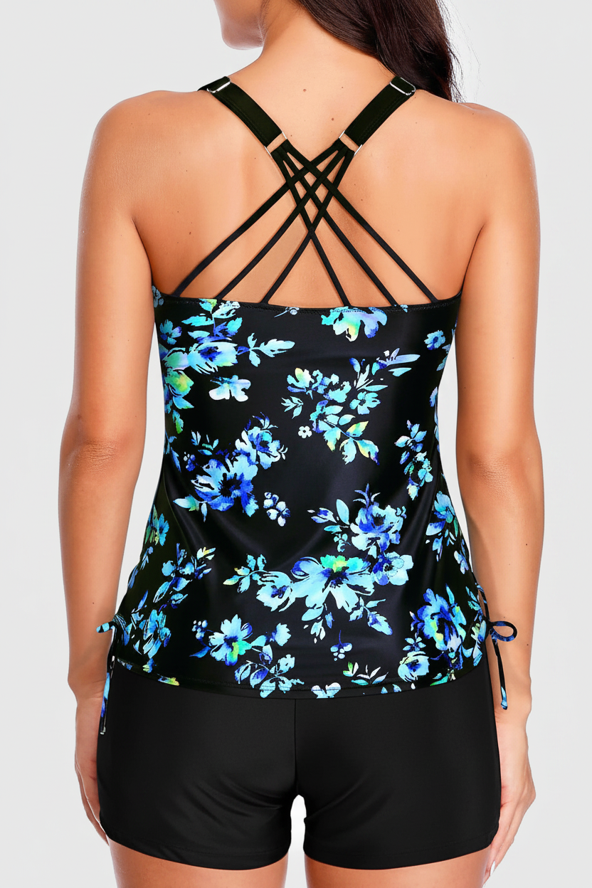 Emoswims - Blue Floral Tankini Set With Shorts Drawstring