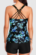 Emoswims - Blue Floral Tankini Set With Shorts Drawstring