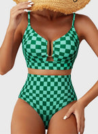 Emoswim - 2026 Summer Two Piece Bikini Set U-Wire Cutout High Waisted Swimsuit-Green Checkered